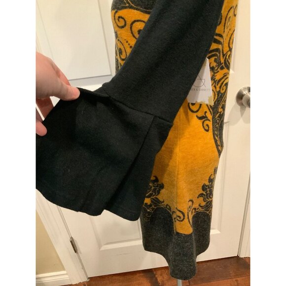 Aryeh Black & Yellow Paisley 3/4 Flare Sleeve Dress, Size Small - Picture 5 of 8